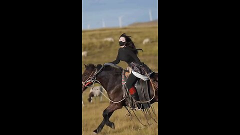 A funny girl riding a horse.