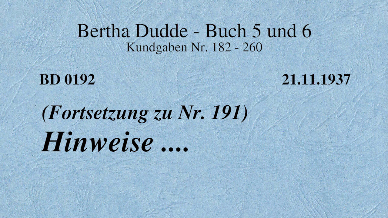 BD 0192 - HINWEISE .... (Fortsetzung zu Nr. 0191)