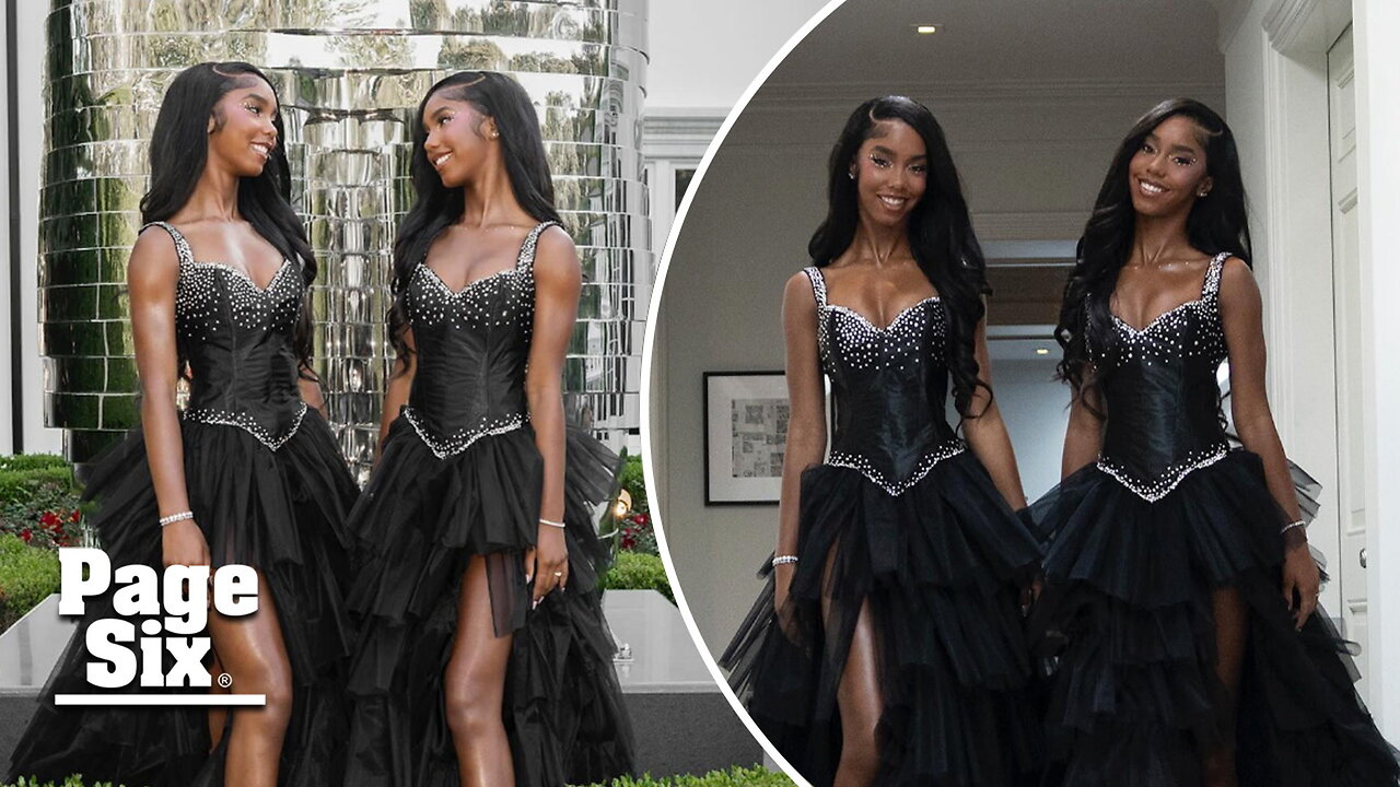 Diddy's twin daughters, D'Lila and Jessie Combs, match at prom in black bedazzled bustier gowns