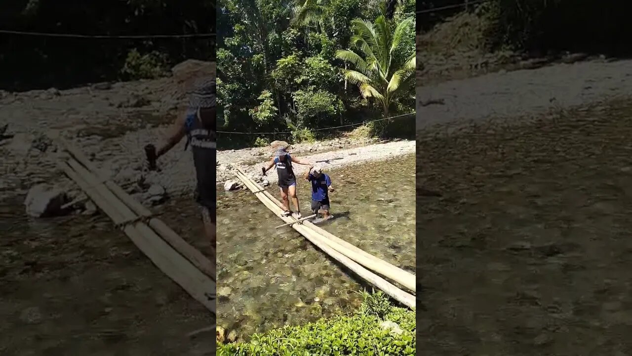 bouncy bamboo bridge crossing to Cahilig Mountain Resort . trying not to get shoes wet 🤣🤣