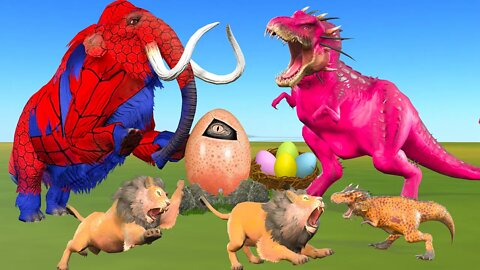 Zombie Mammoth Fight with Giant Dinosaurs to Rescue Save Baby Lion and Cow Cartoon Animal Revolt