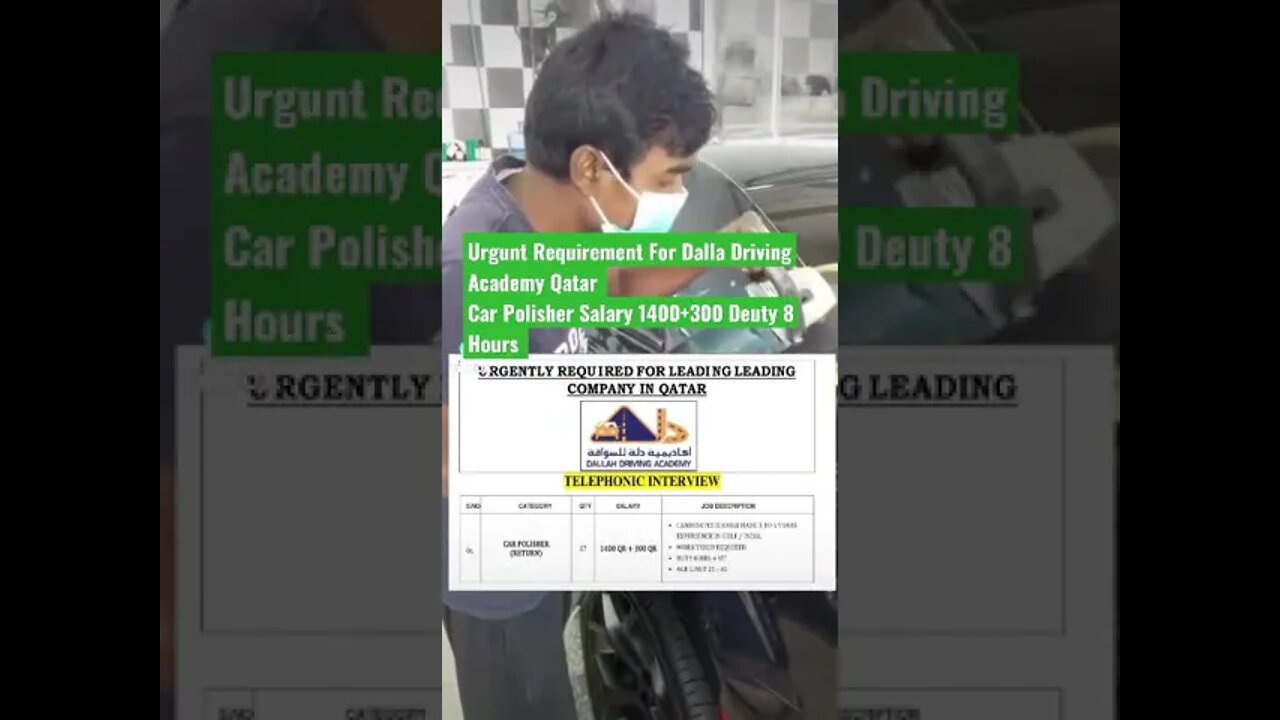 Urgunt Requirement For Dalla Driving Academy Qatar Car Polisher Salary 1400+300 Deuty 8 Hours #job