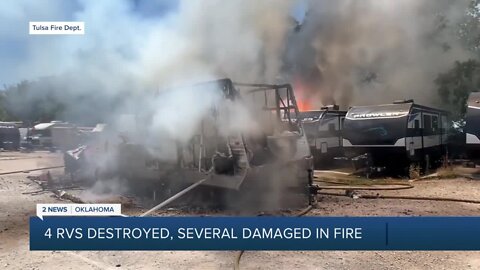 Tulsa firefighters battle flames at RV dealership