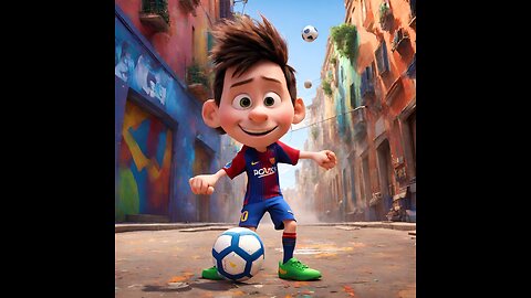 AI Generated Video of Little Lionel Messi playing football in the colourful city