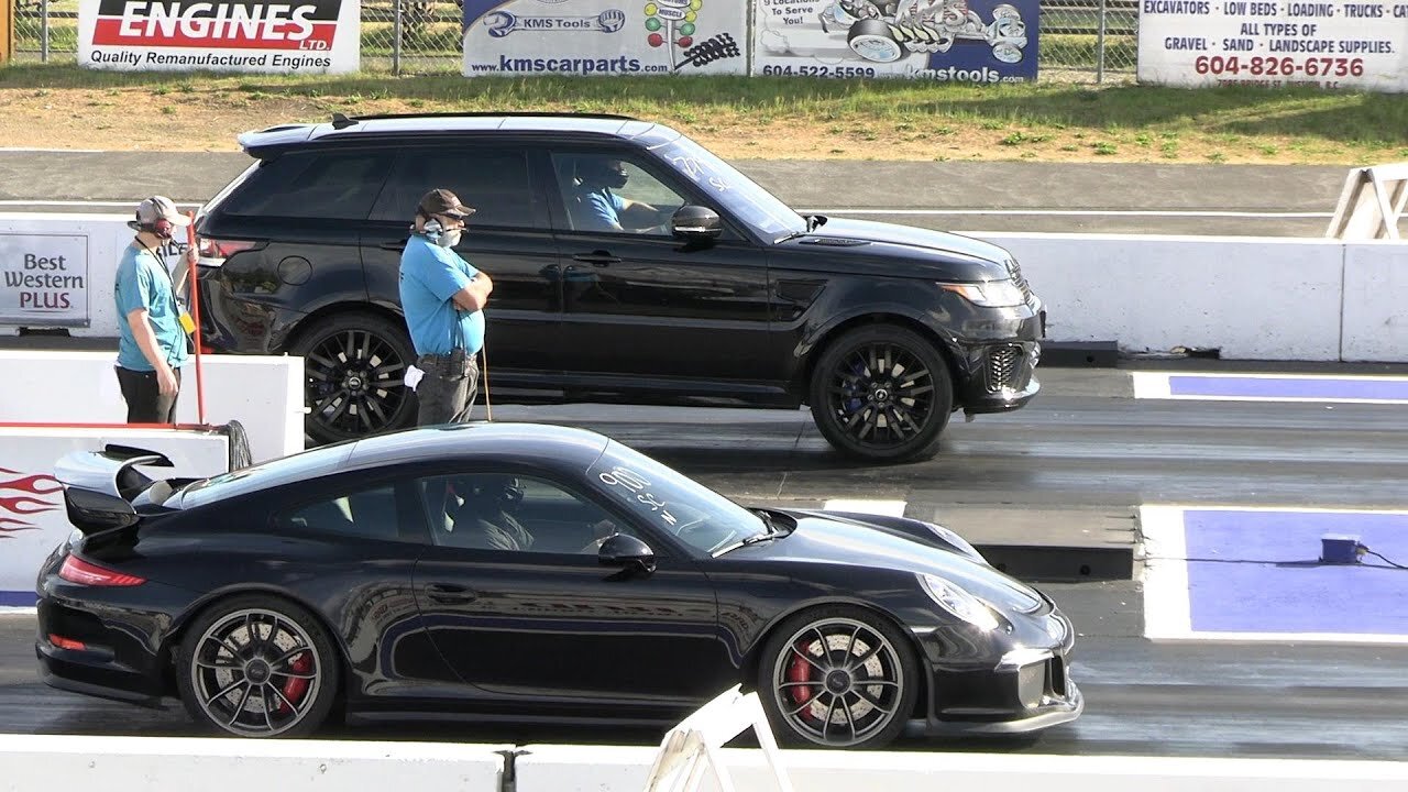 Porsche 911 GT3 vs Land Rover - drag racing