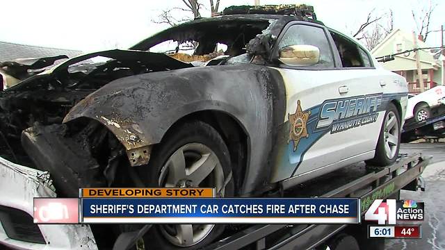 Wyandotte County Sheriff’s car catches fire at end of police chase