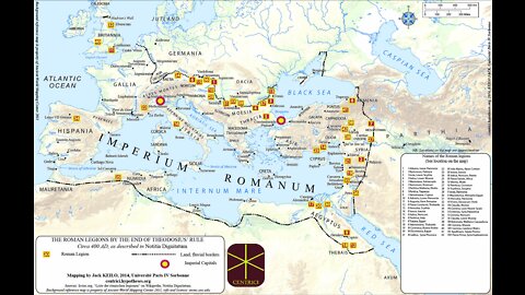 Vestigia Romae: Mappa Legionum XP+SPQR per Imperium Romanum sub Theodosio Magno (~400 A.D.)