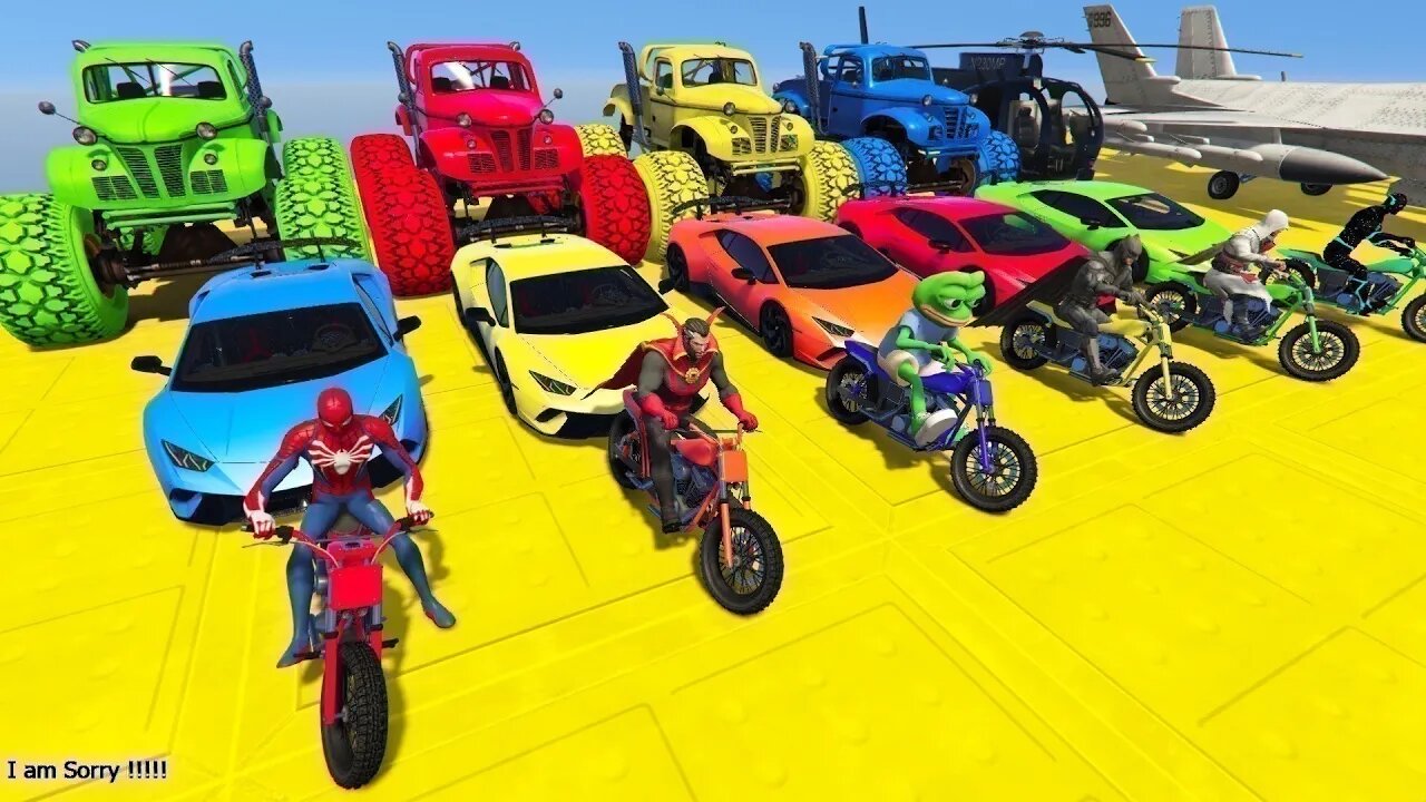 GTA V Mega Ramp On Bikes, Fighter Jets & Boats By Monster Trucks , Cars Spider man Racing Challenge