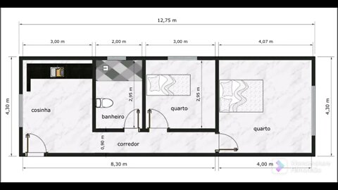 planta baixa terreno pequeno com 2 quartos
