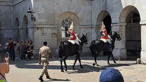 Horse's taken back in.small protest at downing street #horseguardsparade