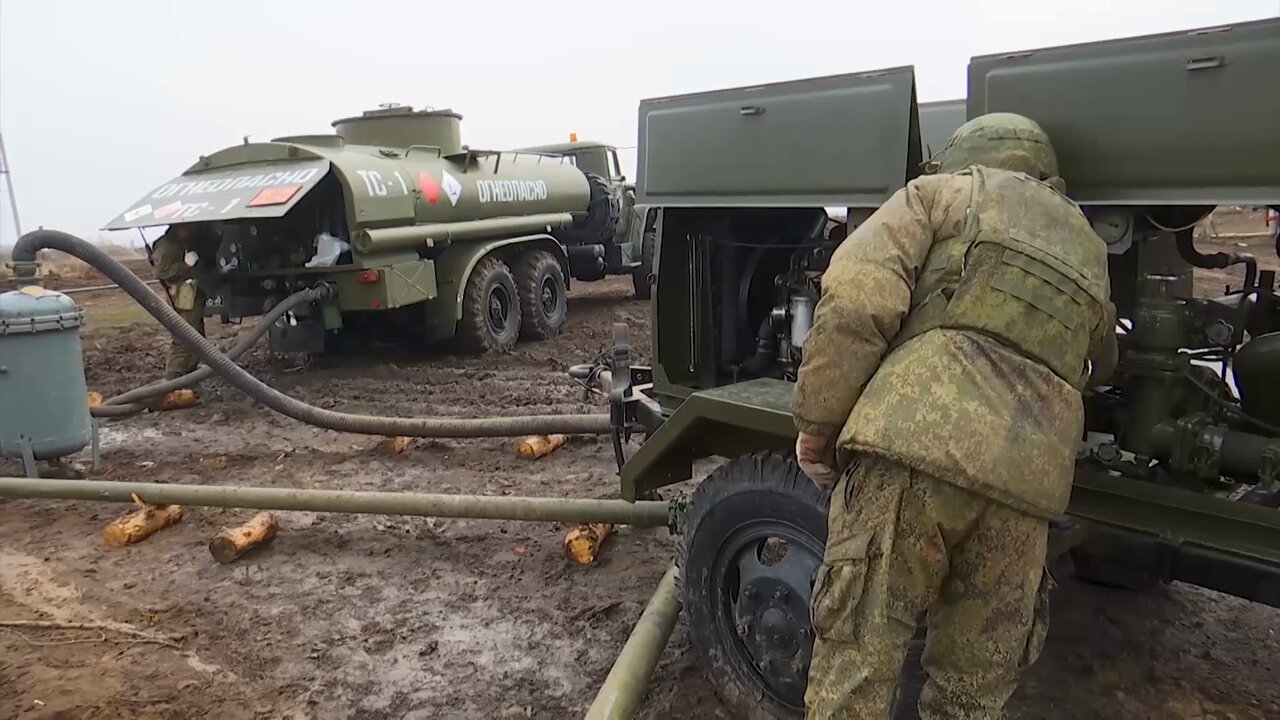 Russian aviation engineering and fuel specialists in action at an airfield during the special military operation in Ukraine