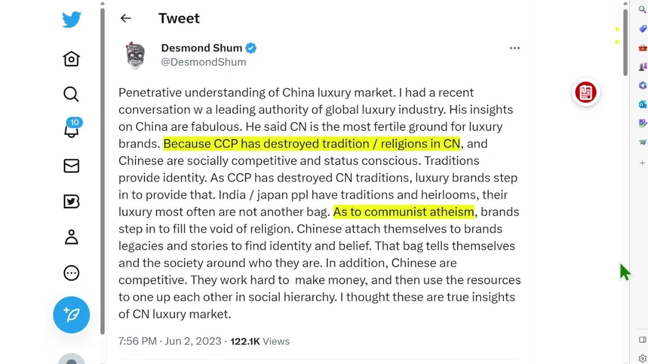 [評論] "因為中共摧毀了中國的傳統/宗教，而中國人具有社會競爭力和地位意識。 傳統提供身份。 由於中共摧毀了 CN 的傳統，奢侈品牌介入提供了這一點"