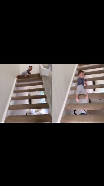 adorable baby crawling back from stairs