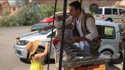 Little girl loves the ice cream experience in Turkey!