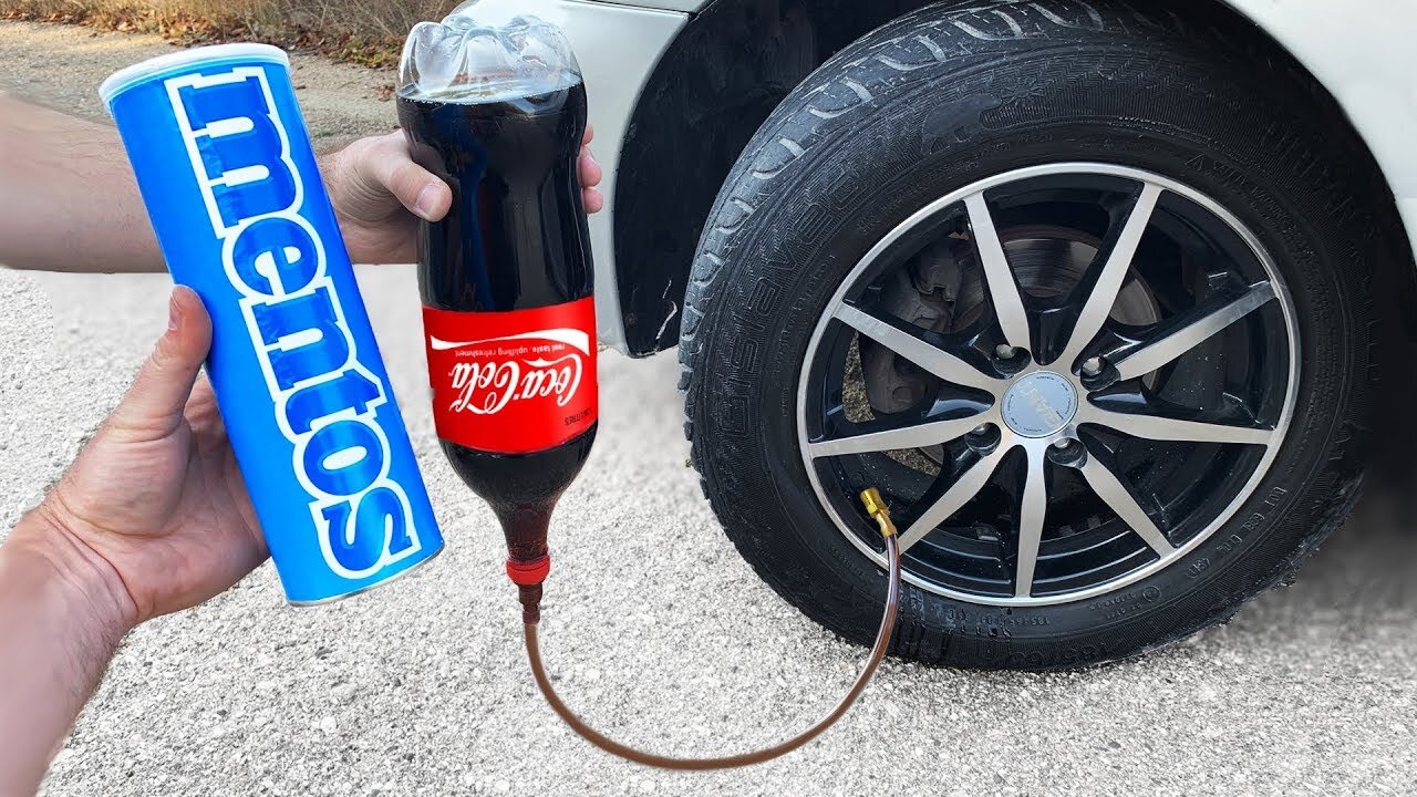 COCA COLA vs MENTOS in a CAR TIRE