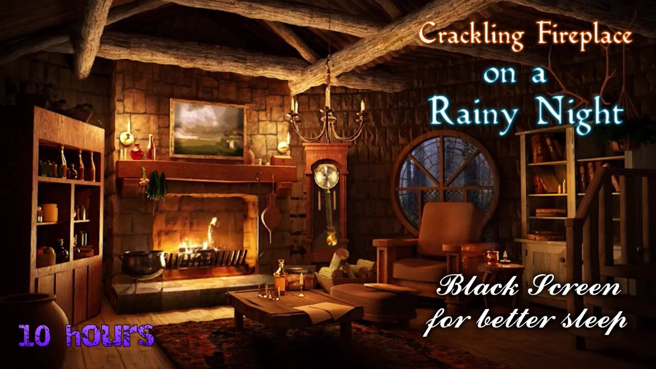 cozy fireplace sounds with rain and thunder - black screen for better sleep - 10 hrs