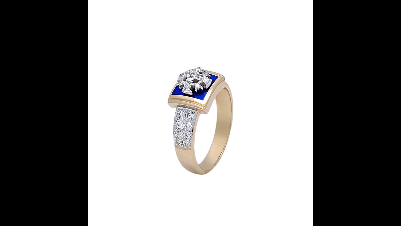 14K Gold Square Christian Ring with 29 Diamonds and Blue Enamel