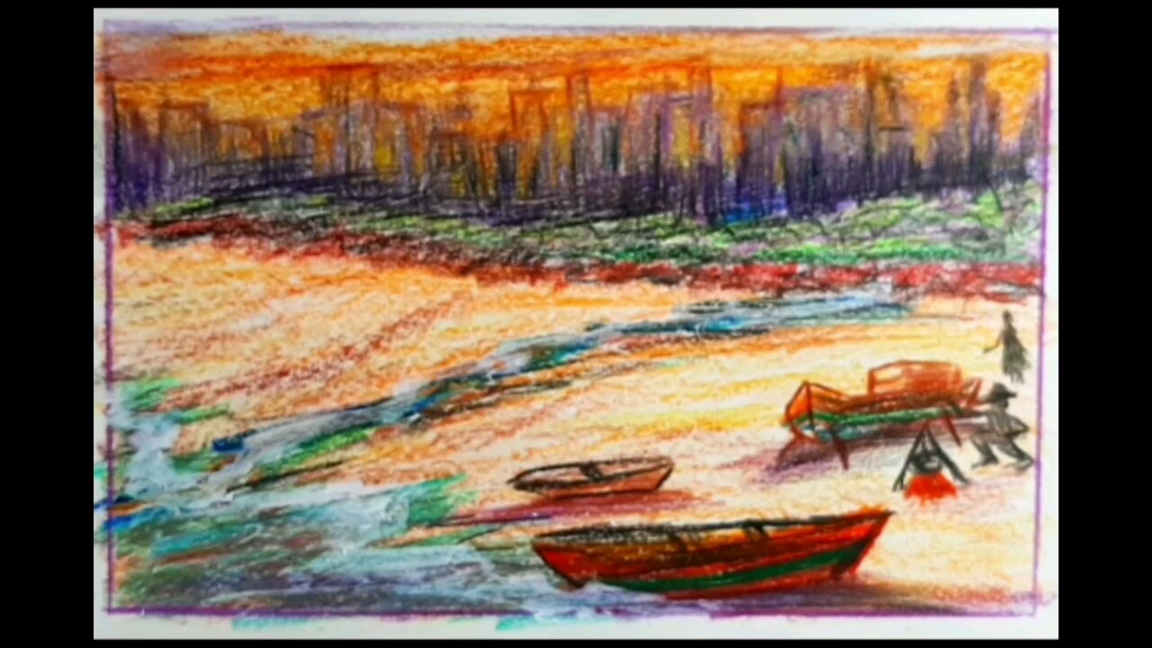 How to draw and paint repairing a boat in the afternoon with colored pencils