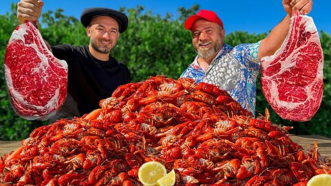 Brutal Dinner Recipe! Cooking Fresh Crawfish Stewed in Beer and Juicy Marbled Beef Steaks