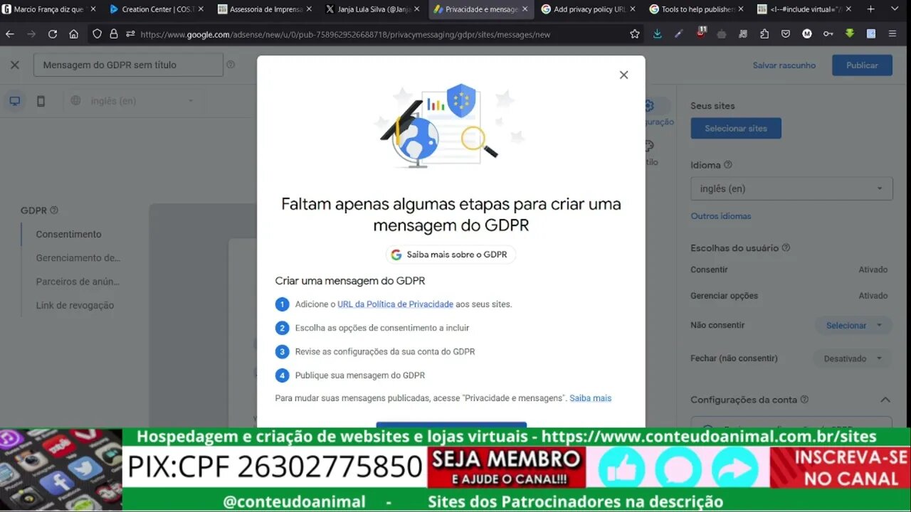 Mensagem GDPR criada pelo Google Adsense
