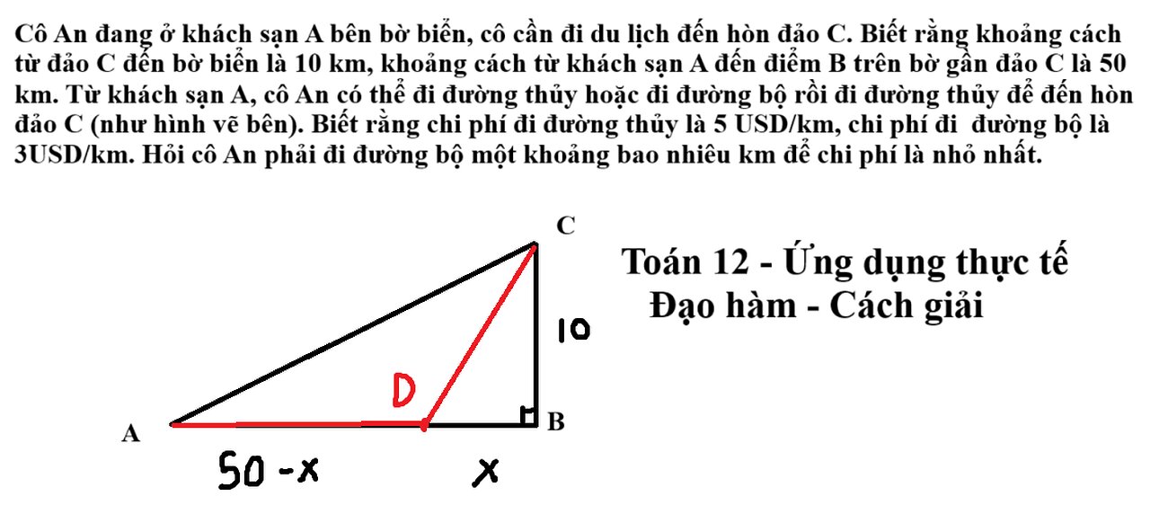 Cô An đang ở khách sạn A bên bờ biển, cô cần đi du lịch đến hòn đảo C. Biết rằng khoảng cách từ đảo