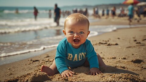 Funny Baby's Reaction On The Beach