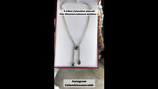 handmade 9.24tcw Dark Green Pear Colombian Emerald & Diamond Lariat Statement Necklace 18K gold