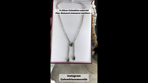 handmade 9.24tcw Dark Green Pear Colombian Emerald & Diamond Lariat Statement Necklace 18K gold