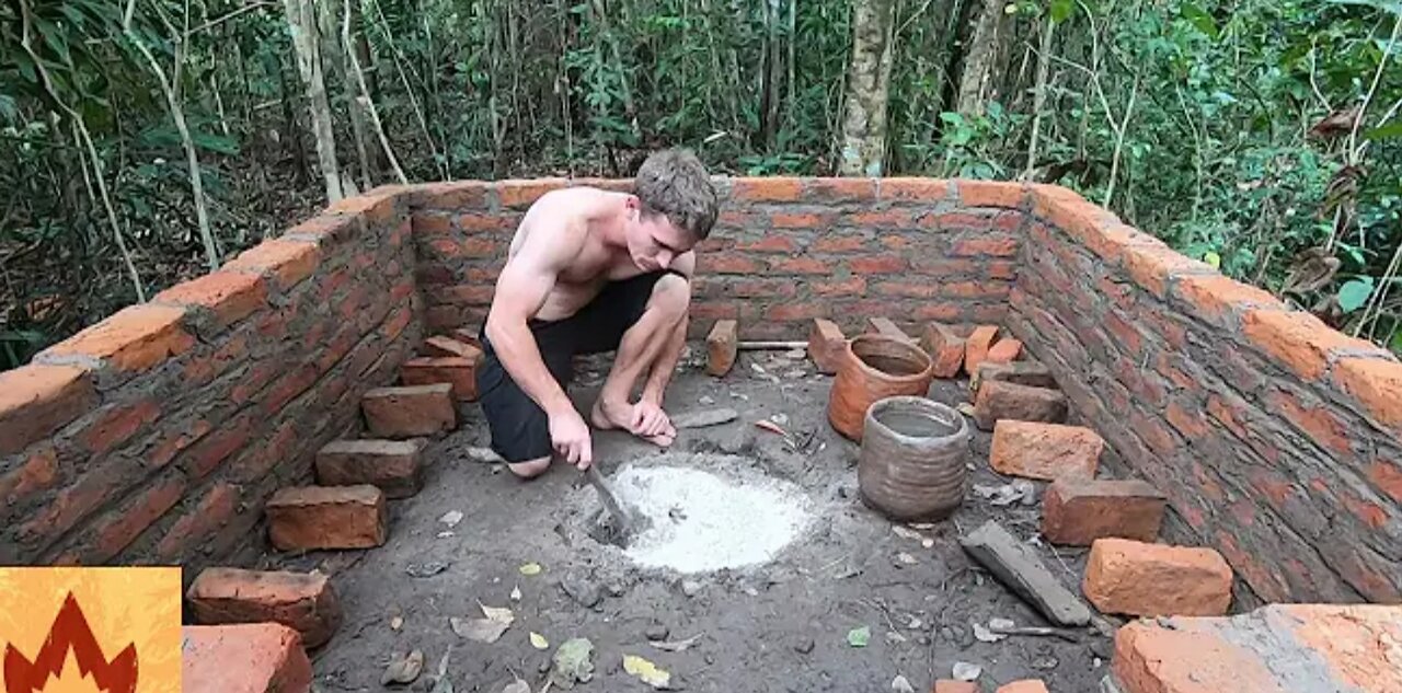 Primitive Technology: Wood Ash Cement & Fired Brick Hut