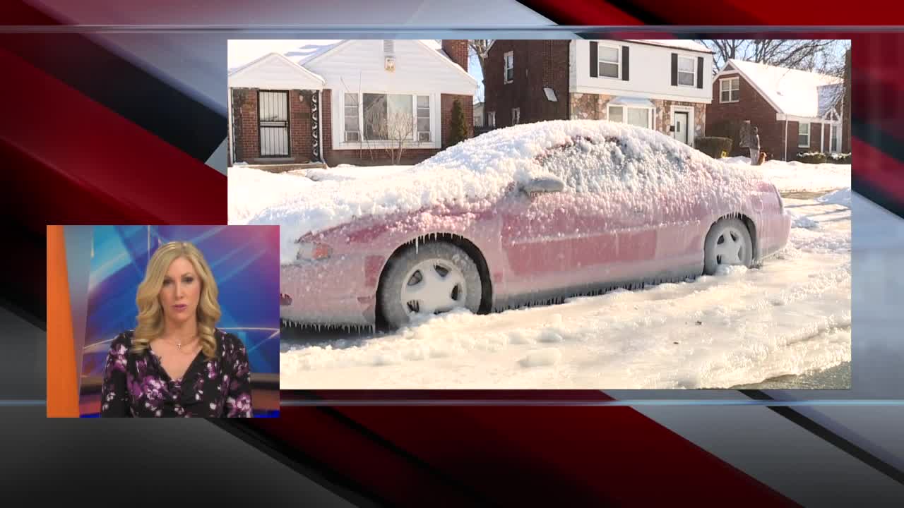 Water main break covers Detroit street in ice, city to repair break when weather warms