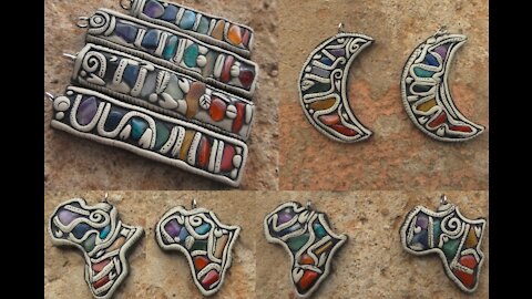 Rainbow Wood-backed Gem Inlaid pendants