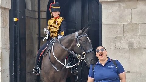 The kings guard smirks at horse nibbles on tourist shoulder #horseguardsparade