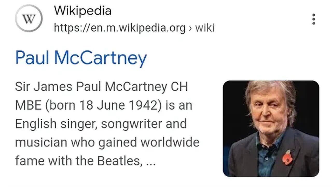 AMERICAN LEGEND NO 1 Sir James Paul McCartney CH MBE (born 18 June 1942)