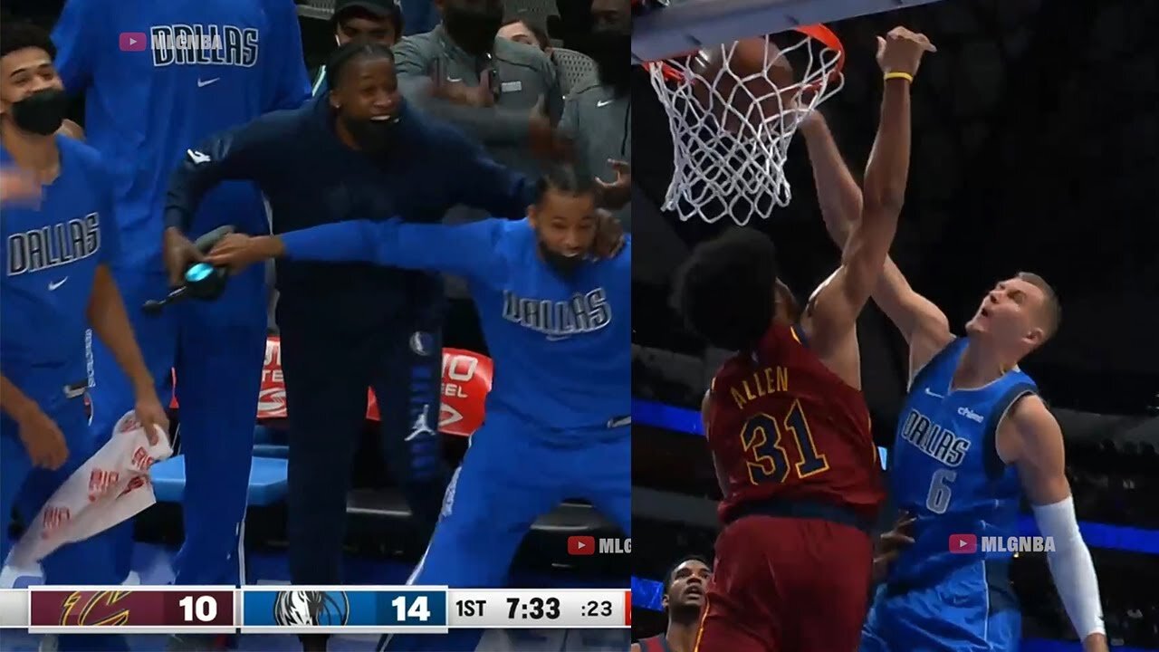 Kristaps Porzingis shocks Mavs bench with monster dunk on Jarrett Allen 💥