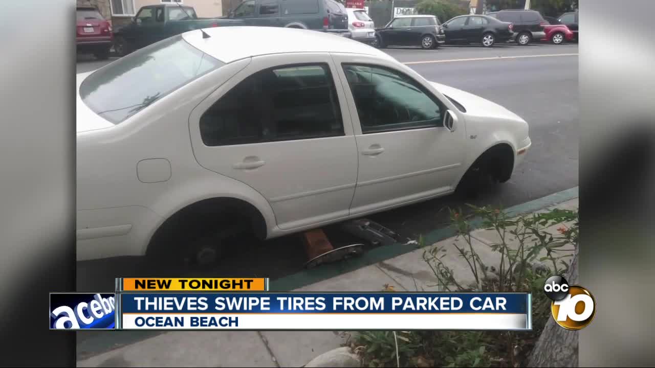 thieves swipe tires from parked car