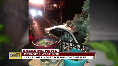 Car crashes into porch then catches fire