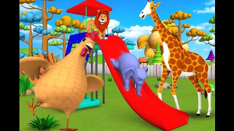 Elephant & Monkey Play with Forest Animals to Ride on Slider in Jungle - Animals Comedy Video.