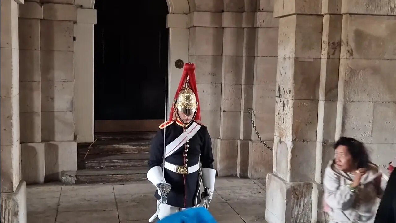 She gets to close and runs when the guard stamps his foot #thekingsguard 😆 🤣 😂
