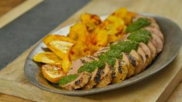 Grilled Cuban Mojo Marinated Pork Tenderloin with Fried Plantains