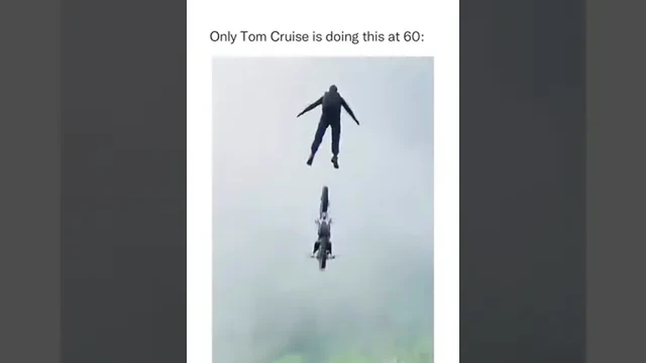 Tom cruise doing Tom cruise thing with mission impossible theme playing in the background