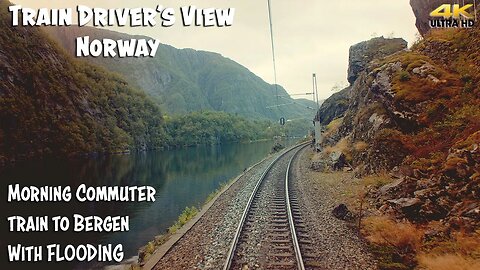 4K CABVIEW: Morning commuter train to Bergen with flooding