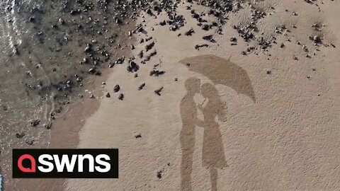 Thousands of rocks were transformed into giant artwork showing couple sheltering from rain storm