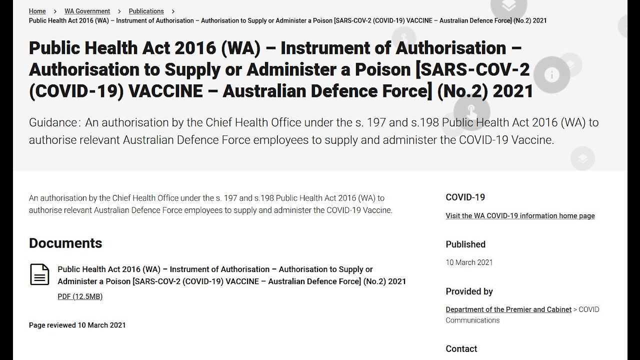 instrument of authorisation authorisation supply or administer poison sars cov 2 covid 19 vaccine