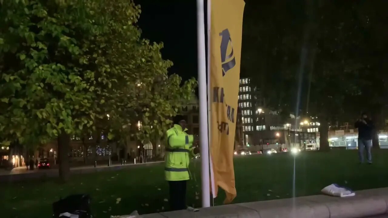 Khalistan Flags hoisted outside QE2 opposite the Houses of Parliament in preparation for Referendum