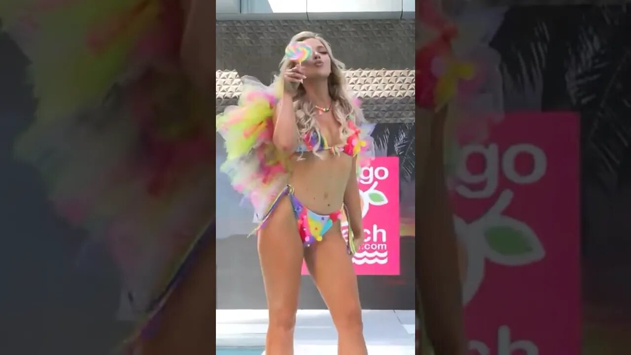 Allison Kay Bowles in rainbow Pom Pom bikini for Lainy Gold Designs