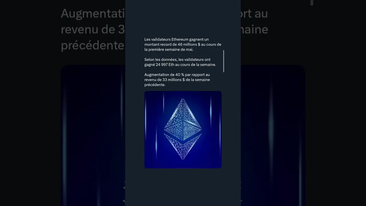 Les validateurs Ethereum gagnent un montant record de 46 millions $ première semaine de mai