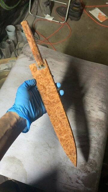 Hand forged Yanagiba and Maple Burl Saya