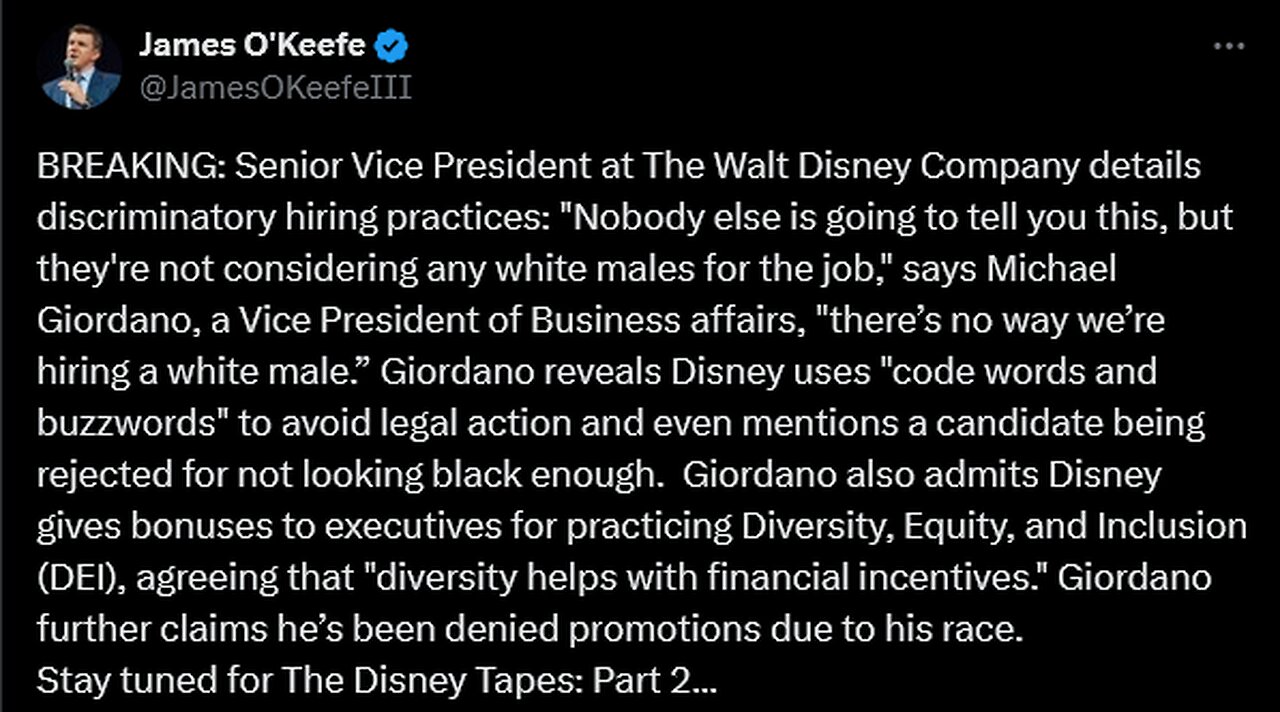 Senior VP at Walt Disney Company details ANTI WHITE discriminatory hiring practices