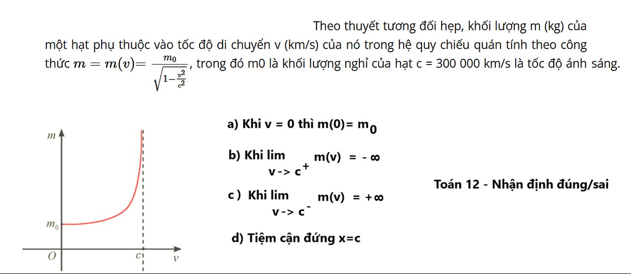 Toán 12: Theo thuyết tương đối hẹp, khối lượng m (kg) của một hạt phụ thuộc vào tốc độ di chuyển v