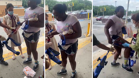 Woman tries to steal kid’s scooter for her kid